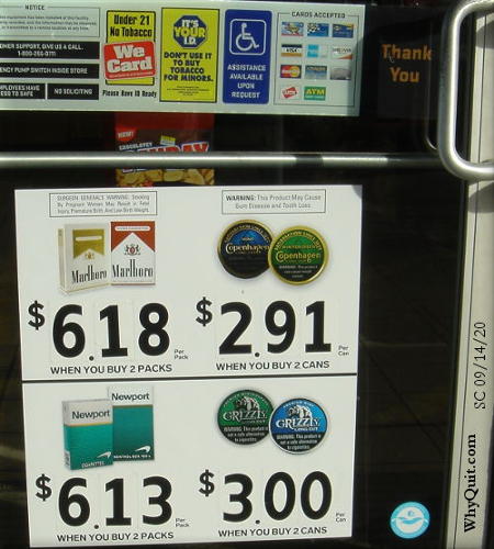 Tobacco marketing on Goose Creek SC convienence store door on September 14, 2020.