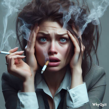 A super stressed woman is smoking a cigarette.