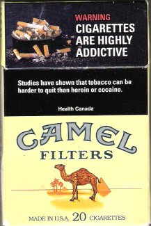 A pack of Camel cigarettes showing Canadas cigarette pack addiction warning in 2000
