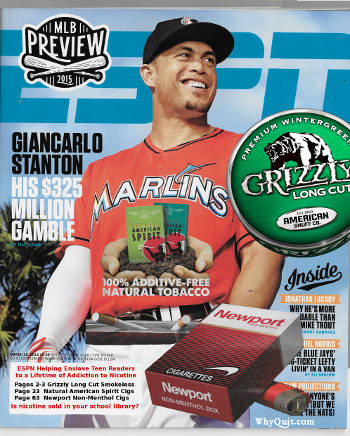 A spoof ESPN magazine cover adding issue tobacco ad images for the 2015 MLB Previews