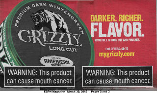 Grizzly Long Cut smokeless tobacco dip advertisement appearing on pages 2 and 3 of ESPN Magazine MLB Preview 2015 March 30, 2015