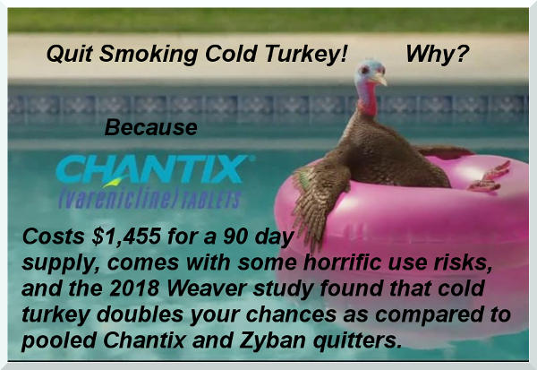 Spoof image from Pfizer's slow turkey Chantix commercial detailing why smokers should quit smoking cold turkey: because Chantix is expensive and costs $1,455 for a 90 day supply, comes with life threatening risks including suicide and cold turkey doubles your chances.