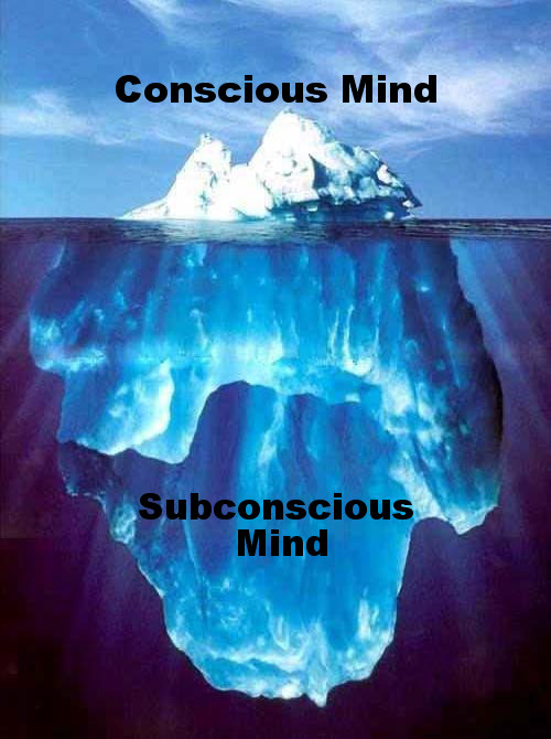 An iceberg photo comparing the relationship between the conscious and subconscious mind to fact that 90 percent of an iceberg is below the surface