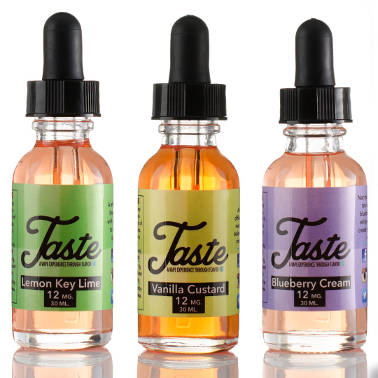 E-cigarette juice marketing ad showing three flavors