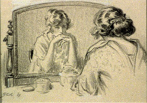 Painting of a woman looking in the mirror and admitting to being a real drug addict