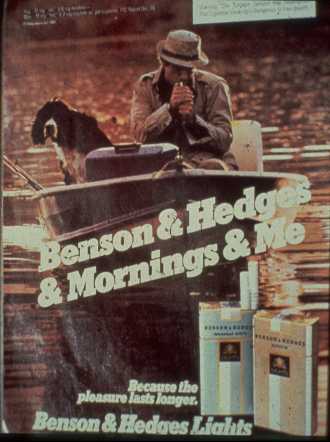 Benson & Hedges Mornings & Me cigarettes advertisement showing a man smoking with his dog in a boat