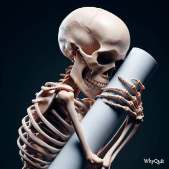 A white human skeleton hugging a non-filter cigarette over a black background.