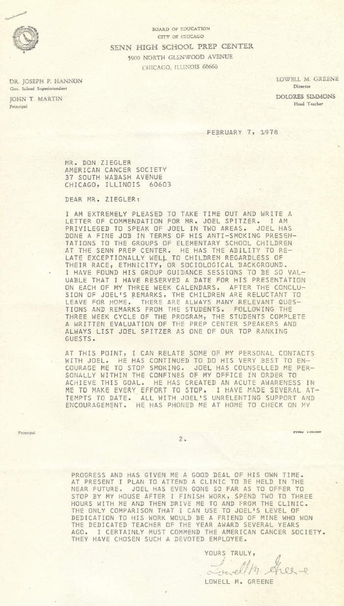 Senn High School Letter of Commendation for Joel Spitzer dated February 7, 1978
