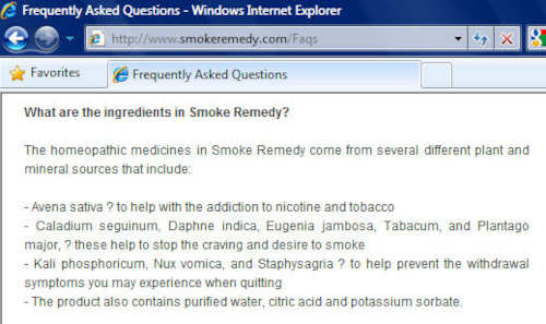 Smoke Remedy ingredients as listed on the website's FAQ page on January 9, 2011