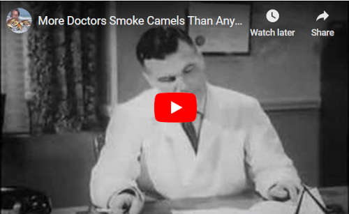 1949 picture of doctor sitting behind a desk during a commercial in which he endorses smoking
