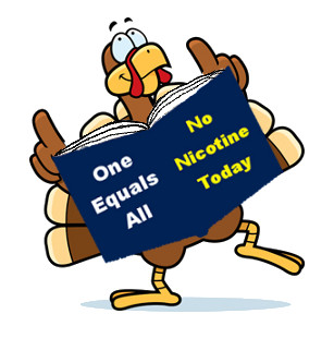 Turkey holding a book that reads 'One equals all, no nicotine today