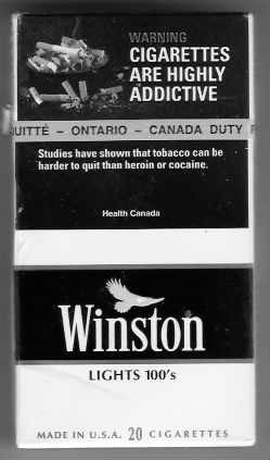 Nicotine addiction warning label on a Canadian pack of Winston cigarettes