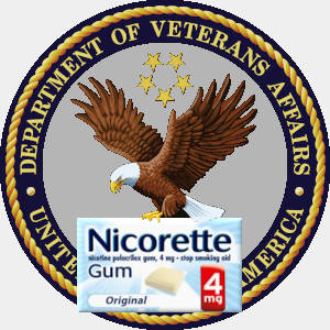 The Veterans Administration logo with the eagle carrying a box of Nicorette nicotine gum