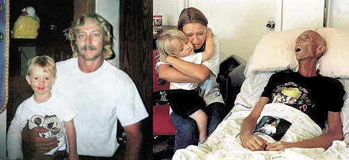 Two photos of Bryan Lee Curtis, a Marlboro smoker taken 60 days apart. One photo shows a healthy looking Bryan holding his son.  The other shows a thin man on his death bed.