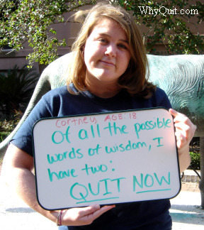 Cortney, a College of Charleston student smoker of Viriginia Slims holds her message which reads Quit Now