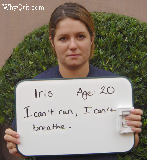 Photo of 20 year-old Iris holding the message that 'I can't run and I can't breathe.'