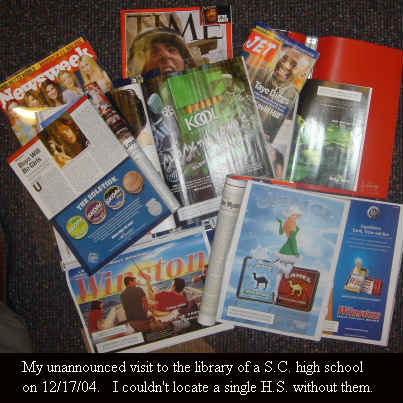 A photo showing cigarette and tobacco advertising advertisements found in a SC public school library