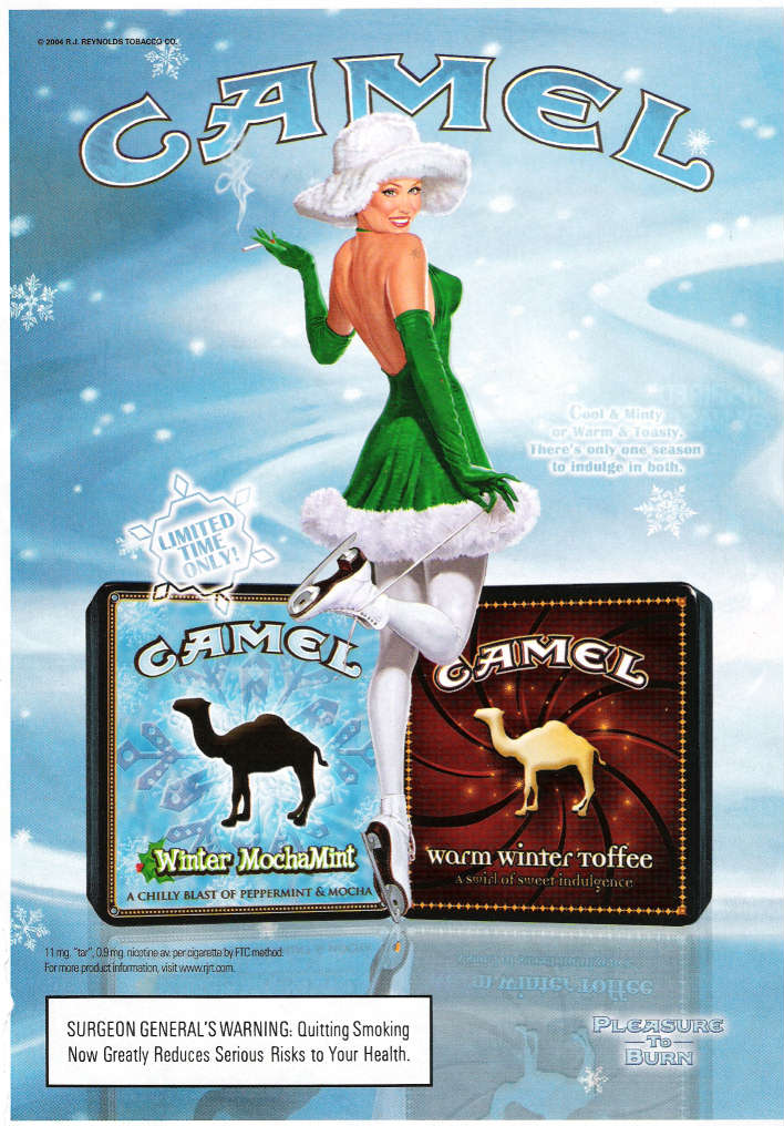 Camel Winter Mocha Mint advertisement showing a woman on ice skates standing on the toe of one skate while holding a cigarette in the other.