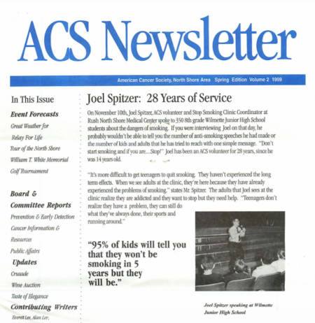 A screenshot of an American Cancer Society Newsletter honoring Joel Spitzer's service and work.