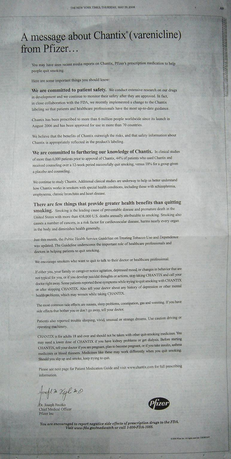 Pfizer's May 29, 2008 Chantix message as it appeared in the New York Times