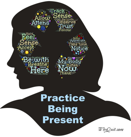 Outline of a woman's head with mindfulness focus issues written within it. Beneath the head is the caption 'Practice Being Present.'