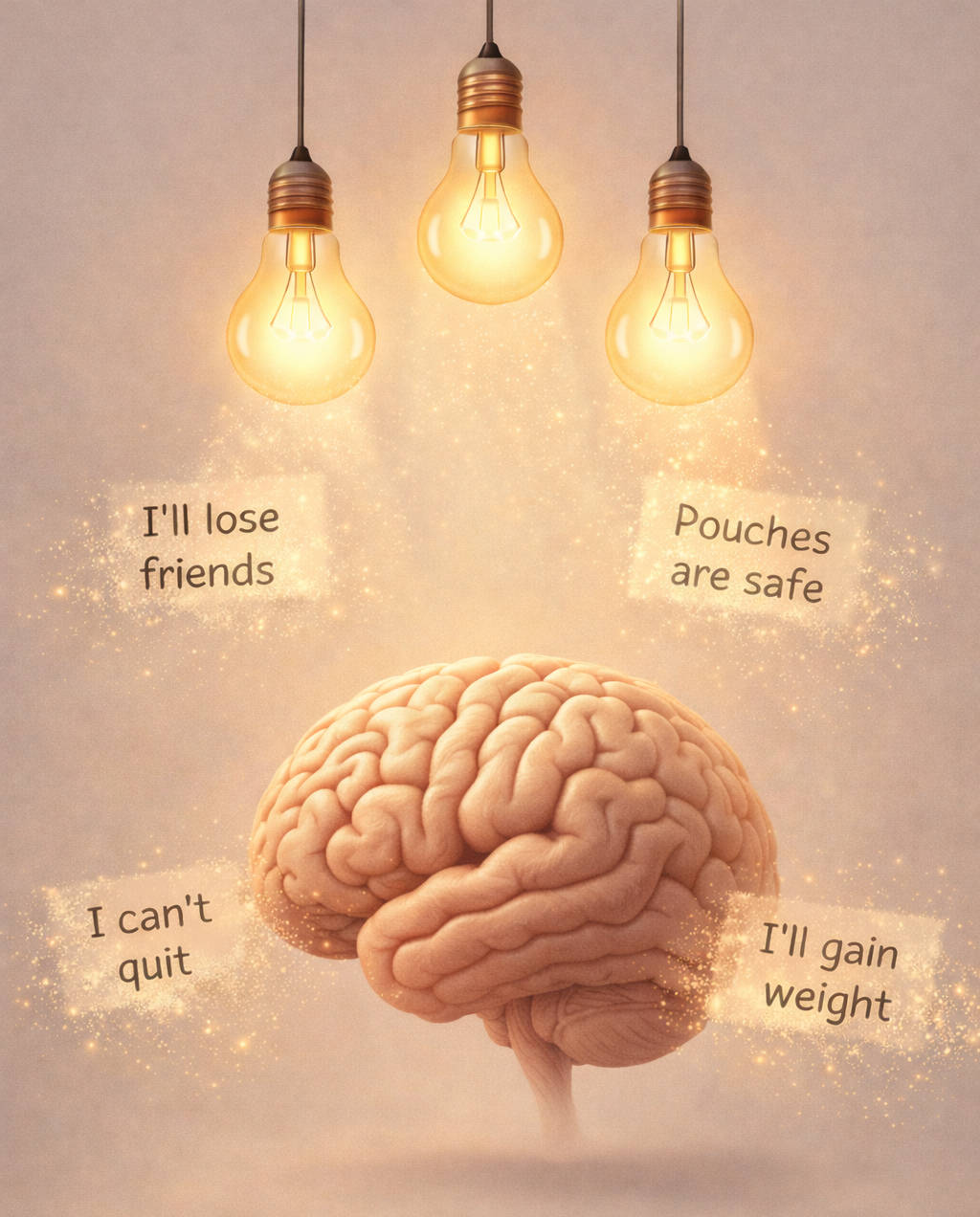 A side-view human brain illuminated by three lightbulbs as four relapse rationalizations dissolve: I can't quit, I'll gain weight, I'll lose friends, and Pouches are safe.