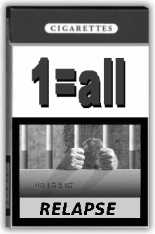 marlboro cigarette back with man behind bars with the words beneath reading'one equals all'