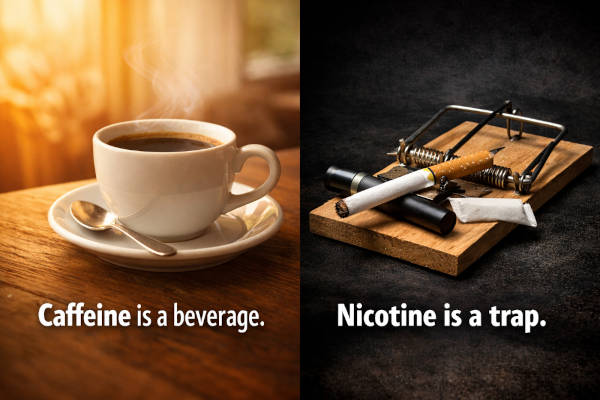 Split image: a steaming cup of coffee beside a mousetrap baited with nicotine products. Caption: ‘Caffeine is a beverage. Nicotine is a trap.’