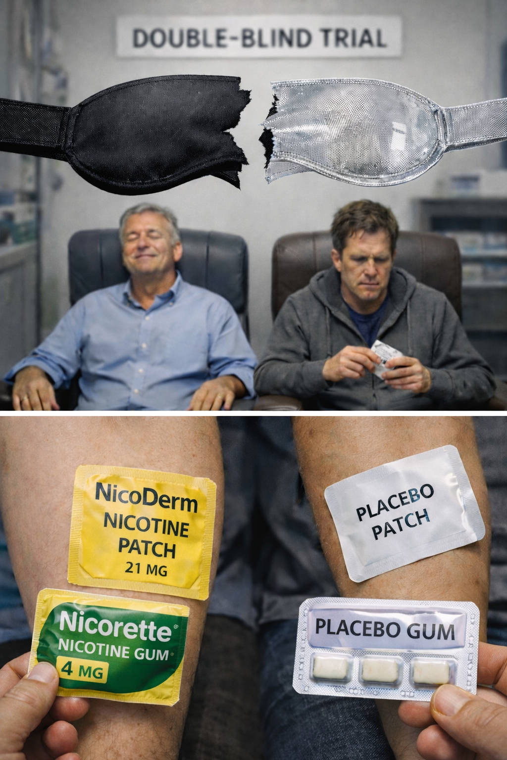 Two smoking cessation study participants, one in the active arm receiving NRT, the other assigned to the placebo group receving nothing.