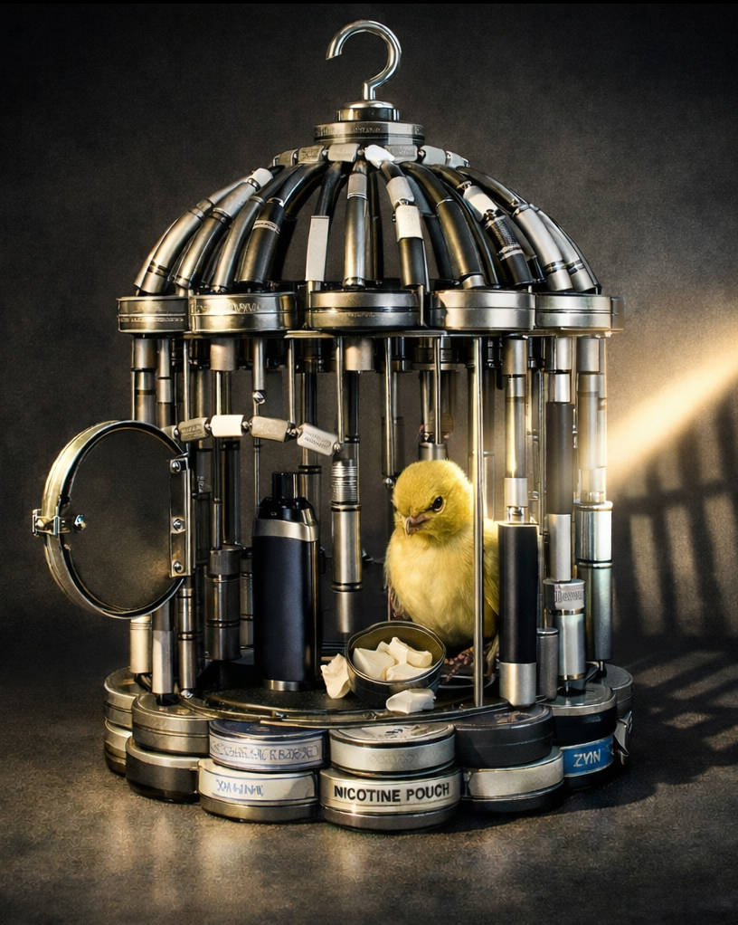 A small bird inside a cage made from e-cigarettes and nicotine pouch tins, with a beam of light entering from outside, symbolizing hope of complete freedom from nicotine.