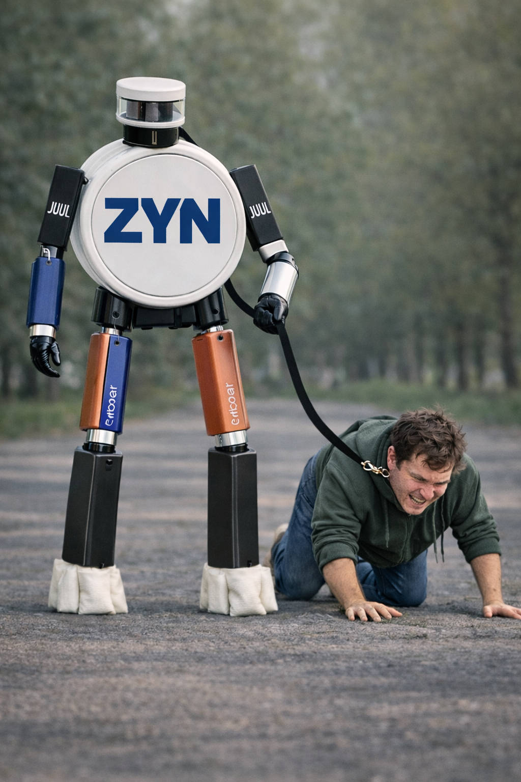 A master constructed of e-cigarettes and nicotine pouch tins and pouches walking a man on a leash as if a dog.