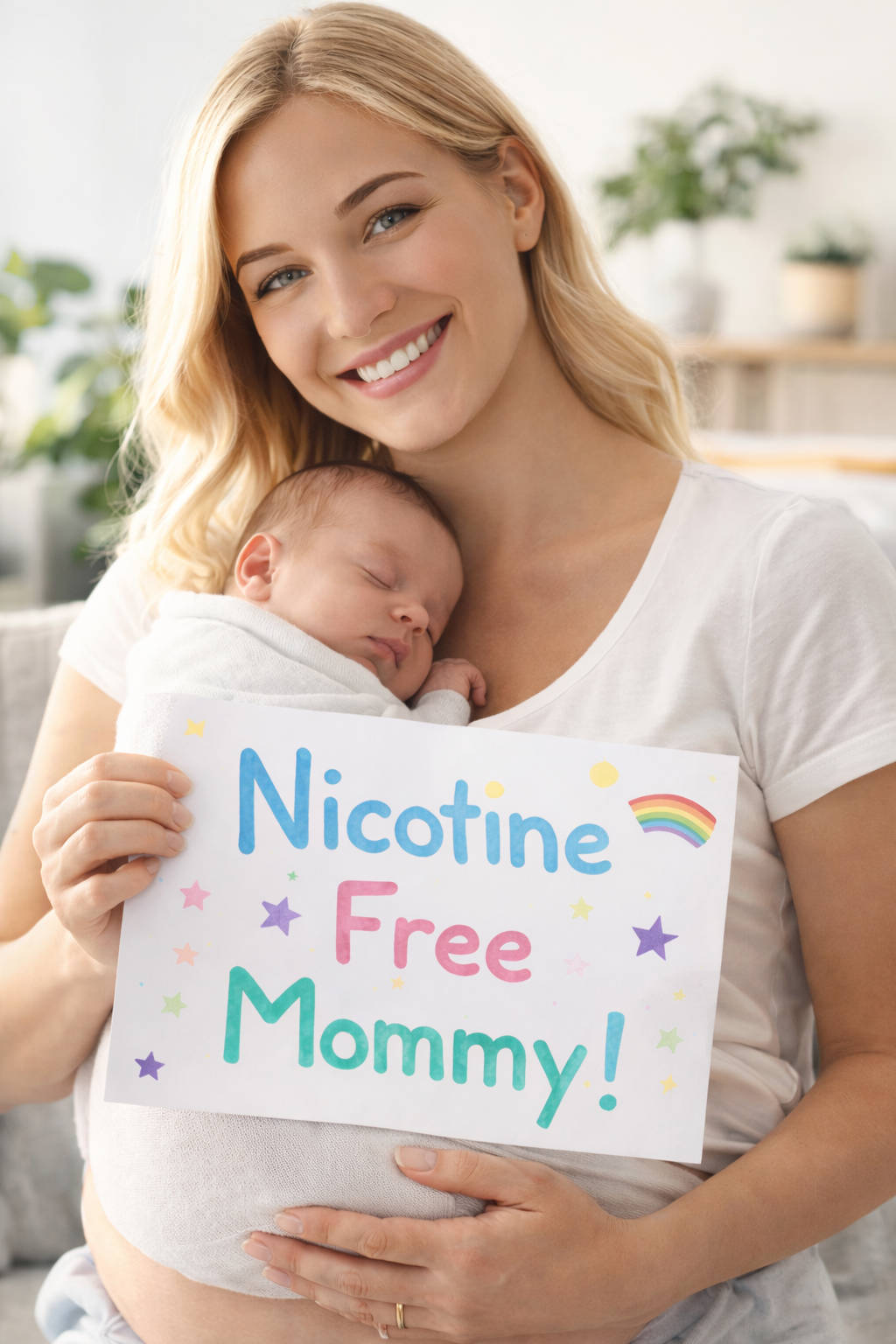 Mother holding her newborn while proudly displaying a “Nicotine Free Mommy” sign, symbolizing recovery and nicotine-free motherhood.