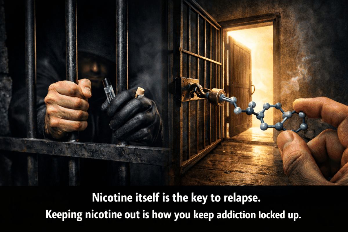 A nicotine molecule acts as a key unlocking a barred cell holding addiction.