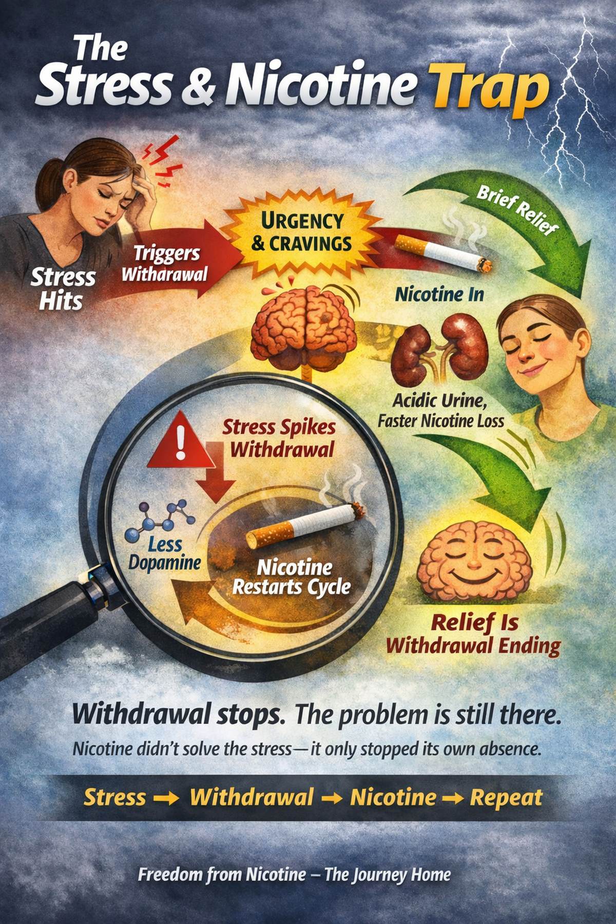 Infographic: Withdrawal stops. The problem is still there. Nicotine didn’t solve the stress — it only stopped its own absence.