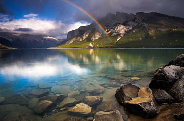 Rainbow appearing over a lake
