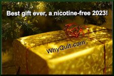 A golden gift wrapped package under the Christmas tree captioned 'Best give ever, a nicotine-free 2023'