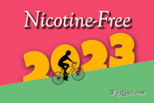 Silhouette of a girl riding her bike up and a light green incline with a pink sky captioned Nicotine-Free 2023