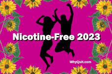 
A silhouetted teen boy and girl jumping for joy against a pink background with a sunflower border. The caption reads Nicotine-Free 2023