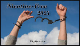 Arms extended into through light clouds into the sky wearing broken handcuffs.  The caption reads, Nicotine-Free 2023.