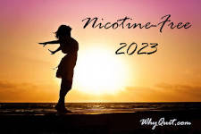 Sunrise beach silhouet of a woman in a short dress with her chin up and her arms extened back as she feels the ocean breeze.  The caption reads Nicotine-Free 2023.