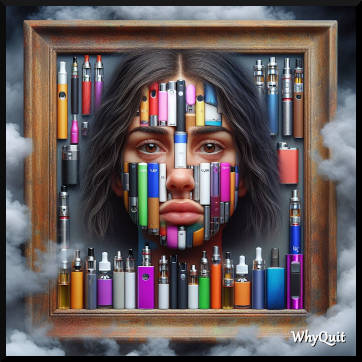 AI image of a sad looking cloud and picture framed young woman with black hair whose face is composed of e-cigarette vaping devices, while being surrounded by them.