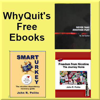 The covers of WhyQuit's 3 free ebooks Never Take Another Puff, Smart Turkey, and Freedom from Nicotine - The Journey Home
