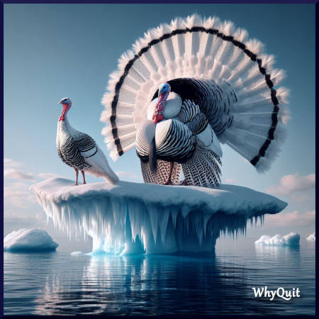 A black and white male and female AI generated turkey on a small iceberg.