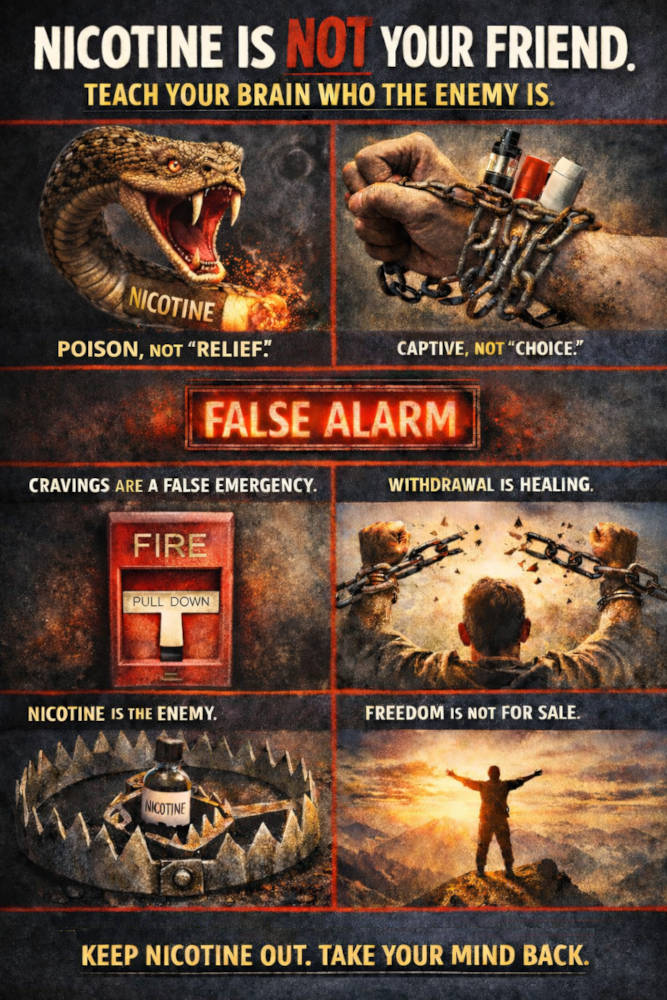 Nicotine is not your friend. Teach your brain who the enemy is. Poison, not relief. Cravings are a false emergency. Withdrawal is healing. Keep nicotine out. Take your mind back.