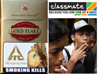 This image shows a pack of Gold Flake cigarettes with the caption at the bottom smoking kills.  I have placed the caption beside ITC's anniverseary logo which states 'ITC 100 inspiring years.' To the right I have added ITC's Classmate logowhich states 'Classmate - Because you are one of a kind.  Beneath the logo is a photo of two Indian boys smoking.