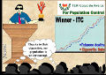 A cartoon by Dr. Pankaj Chaturvedi, Professor, Head and Neck Surgeon Tata Memorial Hospital, Parel, Mumbai India.  It shows an ITC employee standing on a stage accepting the Teri Corporate Awards for Population Control.