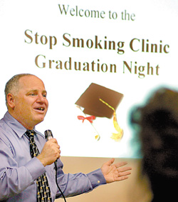 Photo of Joel Spitzer conducting graduation at the end of his two-week stop smoking clinic.