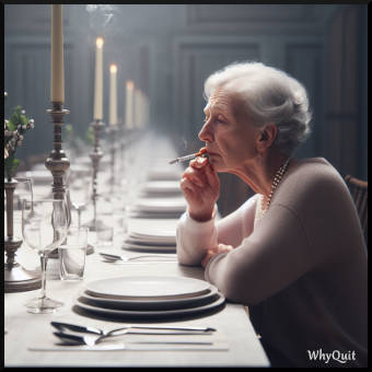 Photo of a lonely older woman sitting alone at a long plated table while smoking.