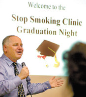 Joel Spitzer at graduation night at the end of one of his two week stop smoking clinics.