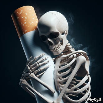 An IA photo of a white skeleton hugging a filtered cigarette on a black background